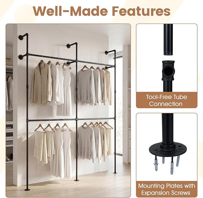 Giantex Industrial Pipe Clothing Rack, 79" Wall Mounted Heavy-Duty Metal Garment Organizer with 4 Hanging Rods, 2-Tier Walk-in Closet System for Wardrobe Closet, Retail Display