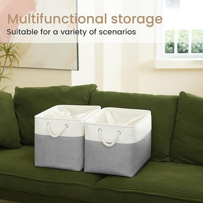 Large Storage Baskets- 16x12x12 inch Storage Bins for Shelves and Closet Organizing, Foldable Fabric Bin for Home Organization Clothes and Laundry (3-Pack, White&Gray)