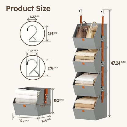 Homsorout Hanging Closet Organizer 4 Tier - Clothes Hanging Shelves, Space-Saving Closet System, Fabric Storage Bins Bedroom Organization, Collapsible Baskets for Home, Dorm, Rv, Grey, 8 Pack