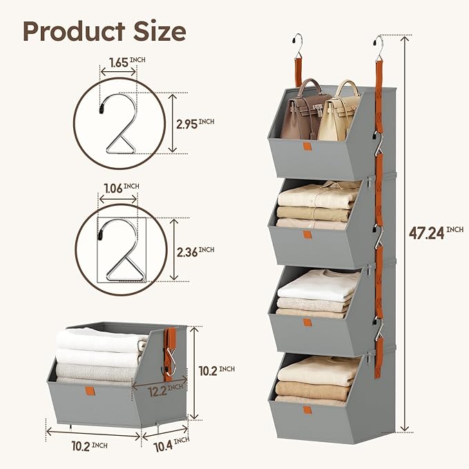 Homsorout Hanging Closet Organizer 4 Tier - Clothes Hanging Shelves, Space-Saving Closet System, Fabric Storage Bins Bedroom Organization, Collapsible Baskets for Home, Dorm, Rv, Grey