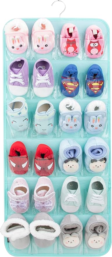 PACMAXI Over The Door Shoes Organizer for 12 Pairs of Baby Shoes Boys Girl, Hanging Baby Sole Shoe Organizer with Hanger (Felt Material-Mint Green)