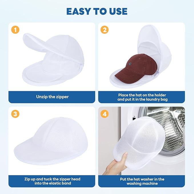 Upgraded Hat Washer Cage with Protective Mesh Bag, Durable Hats Cleaner for Caps, Hat Cleaner for Baseball Caps - Reusable, Fixed Holder, Prevents Deformation, Fits Most Hats, Pure White 2P