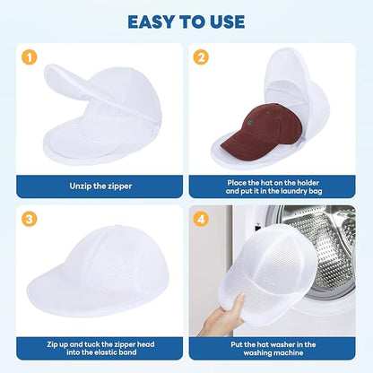 Upgraded Hat Washer Cage with Protective Mesh Bag, Durable Hats Cleaner for Caps, Hat Cleaner for Baseball Caps - Reusable, Fixed Holder, Prevents Deformation, Fits Most Hats, Pure White 2P