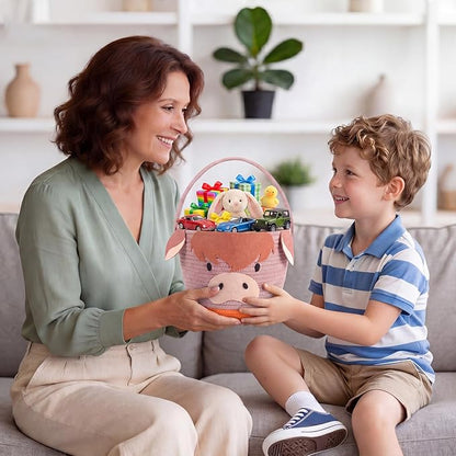 Small Woven Storage Basket with Handle, Cute Cartoon Cow Baskets for Gift Empty, Cotton Rope Storage Basket for Toy Organizer