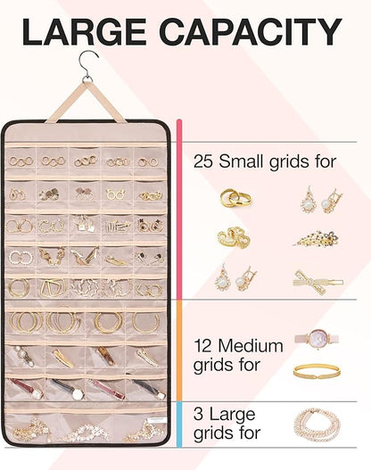 BAGSMART Hanging Jewelry Organizer Storage Roll with Hanger Metal Hooks Double-Sided Jewelry Holder for Earrings, Necklaces, Rings on Closet, Wall, Door, 1 piece, Extra Large, Black