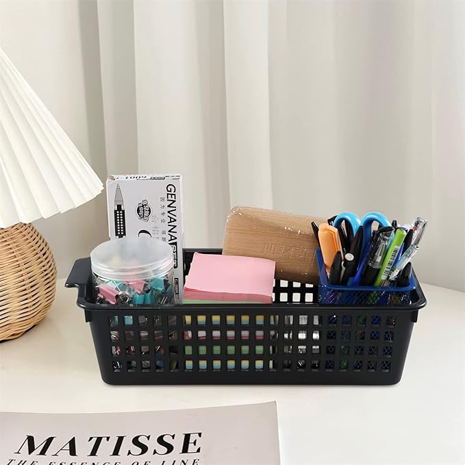 4 Pcs Slim Plastic Storage Baskets Tray for Organizing, 12.4 x 5.1 x 3.5 Inch Small Storage Bins, Stackable Drawer Containers Trays Holder for Desk Garage Office (Black)