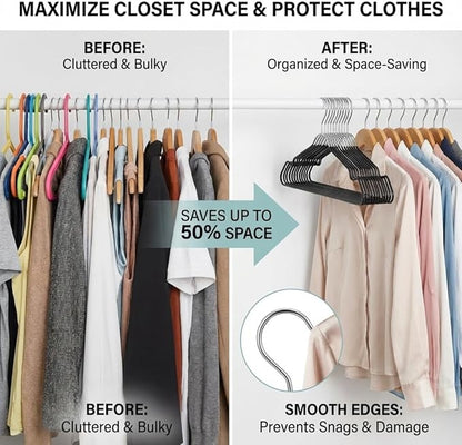 24-Pack Metal Hangers with Shoulder Notch - Heavy Duty Wire Clothes Hangers, Ultra-Thin Stainless Steel, Non-Slip, Space-Saving Coat Hangers for Home, and Hotels - Rust-Resistant and Durable