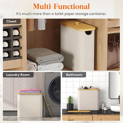 Lifewit Toilet Paper Storage Holder for 12 to 16 Rolls, Free Standing Toilet Paper Basket Stand with Bamboo Lid, Collapsible Fabric Bathroom Organizer Box for Mega Rolls, 30L, Extra Large, Beige