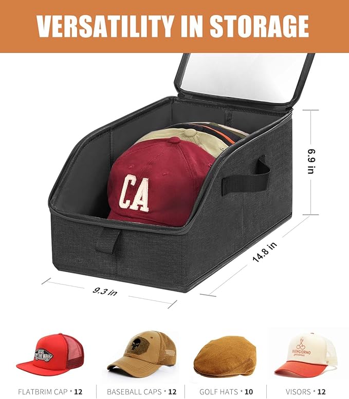 Livelab Hat Organizer for Baseball Caps, Hat Storage Holder Container for Closet Hold Up to 24 Caps with Clear Window, Hat Boxes for Home Storage | 2Pcs Black