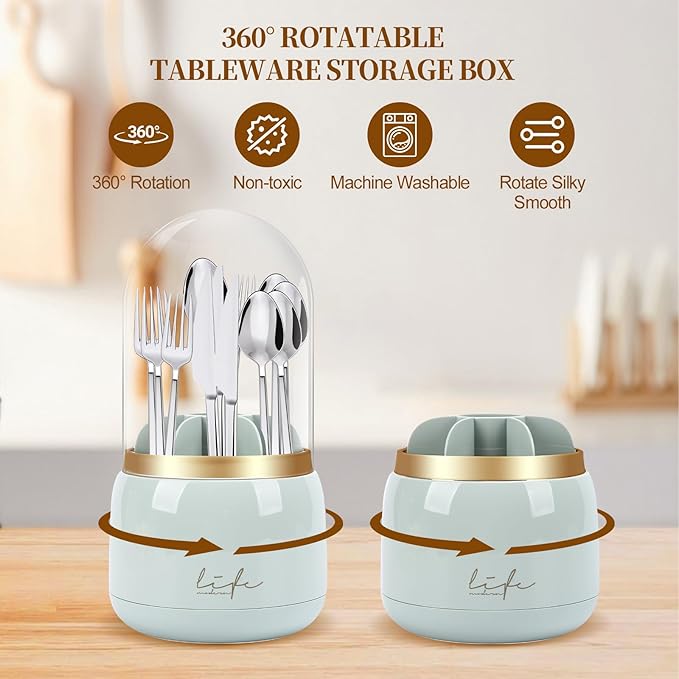 360° Rotating Silverware Utensil Holder for Kitchen Counter, Spoon and Fork Holder with Cover, Cooking Utensil Organizer with 7 Slots and Intermediate Drainage Device for Kitchen Decor(Green)