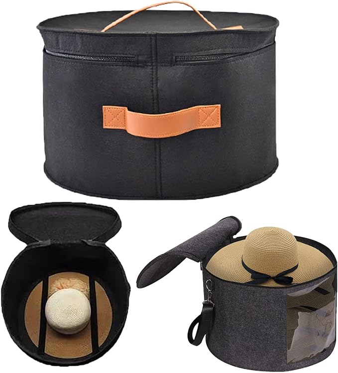 Felt Hat Storage Box,Portable Foldable Hat Container Organizer,with Shoulder Strap & 2 Handles,Stuffed Animal Toys and Clothes Storage Bin,for Closet or Travel (black)