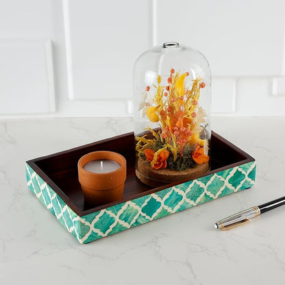 Handicrafts Home 10"x6" Vanity Tray for Bathroom Countertop, Moroccan Bone Inlay Decorative Organizer Tray for Perfume, Jewelry, Cosmetics & Dresser Decor, Rectangular Catchall Tray, Green White