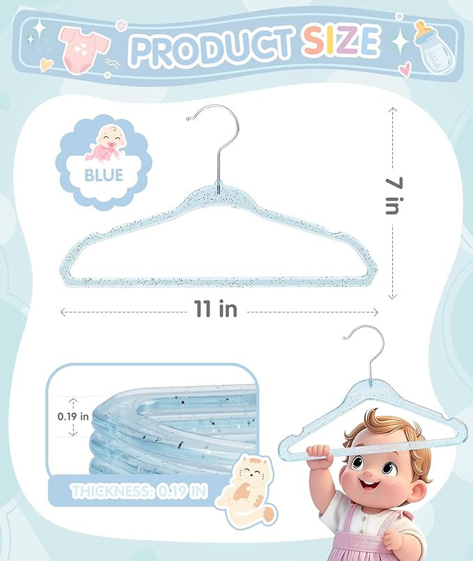 VIS'V Baby Hangers, 11 Inch Acrylic Kids Glitter Hangers for Infant Toddler Nursery Closet Clothes Organization, Blue, 30 Pcs