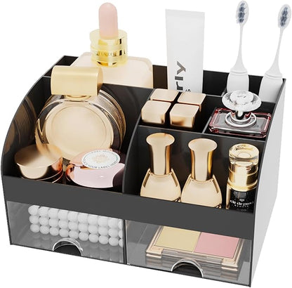 Makeup Organizer with 2 Drawers, Cosmetic Storage for Dresser Vanity and Bathroom Countertop,Make up organization and Skincare Storage with Beauty Brush Holder, Cosmetic Display Case (Black)