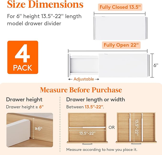 Lifewit 4 Pack 6" High Drawer Dividers 34-56cm/13.5-22" Adjustable Drawer Organizer for Clothes/Utensils, Expandable Drawer Separator in Dresser/Kitchen/Bedroom/Office Organization & Storage White