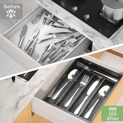 Small Kitchen Utensil Organizer Wooden Cutlery Tray Narrow Wood Silverware Holder Drawer Divider Flatware Organizer Storage Silverware Utensils Tray Black Bamboo Spoon Cutlery Organizer for Drawer