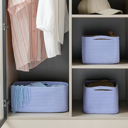 3-Pack Storage Baskets for Organizing | Woven Shelf Toy Basket | Rope Baskets for Gifts Empty | Closet Organizer Bins with Handles | Cube Decorative Box | 13.7×7.1×6.7” | Sky Blue
