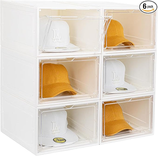 SCAVATA 6 Pack Hat Organizer Box, Stackable Clear Baseball Caps Holder Box Containers with Magnetic Door for Hats Snapback Cap Storag, Hat Rack Display Case, Holds 8 Hats Each (White)
