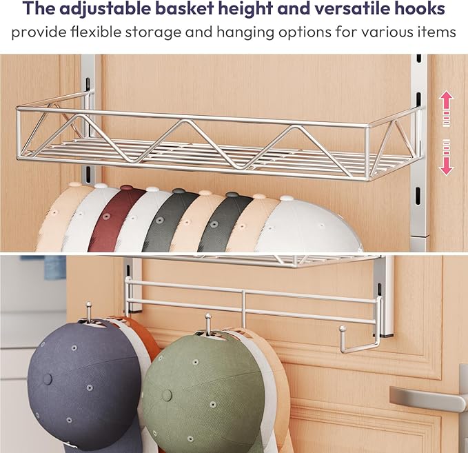 SWTYMIKI Over Door Hat Organizer - 5 Tier Wall Mounted Hat Rack with 4 Adjustable Metal Basket Heights Design and 3 Hooks, Baseball Cap Organizer Storage Holds up to 49 Caps for Door, Bedroom, Closet