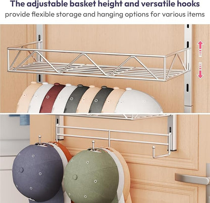 SWTYMIKI Over Door Hat Organizer - 3 Tier Wall Mounted Hat Rack with 2 Adjustable Metal Basket and 3 Hooks, Hanging Baseball Cap Organizer Storage Holds up to 29 Caps for Door, Bedroom, Closet