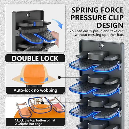 Hat Organizer for Baseball Caps with Built Spring Clips 2 Packs - Wall Mount Closet Hat Rack Holder, Storage for Wall Door/Closet Display Hat Racks Hanger (Strong Adhesive & Screws)