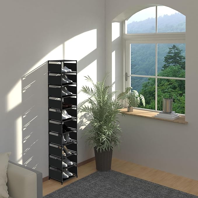 Vertical Shoe Rack, 10 Tier Narrow Shoe Rack for Closet & Entryway, Space Saving Tall Shoe Organizer for Small Spaces, Sturdy Metal Stackable Shoe Shelf Tower for Boots & Heels, Black