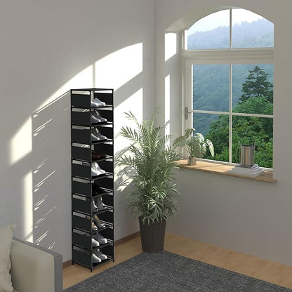 Vertical Shoe Rack, 10 Tier Narrow Shoe Rack for Closet & Entryway, Space Saving Tall Shoe Organizer for Small Spaces, Sturdy Metal Stackable Shoe Shelf Tower for Boots & Heels, Black