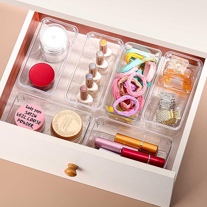 6Pcs Clear Plastic Drawer Organizers Tray 6" x 3" Storage Bins with 25Pcs Non-slip Pads for Makeup, Jewelries, Kitchen Utensils, Bathroom and Office
