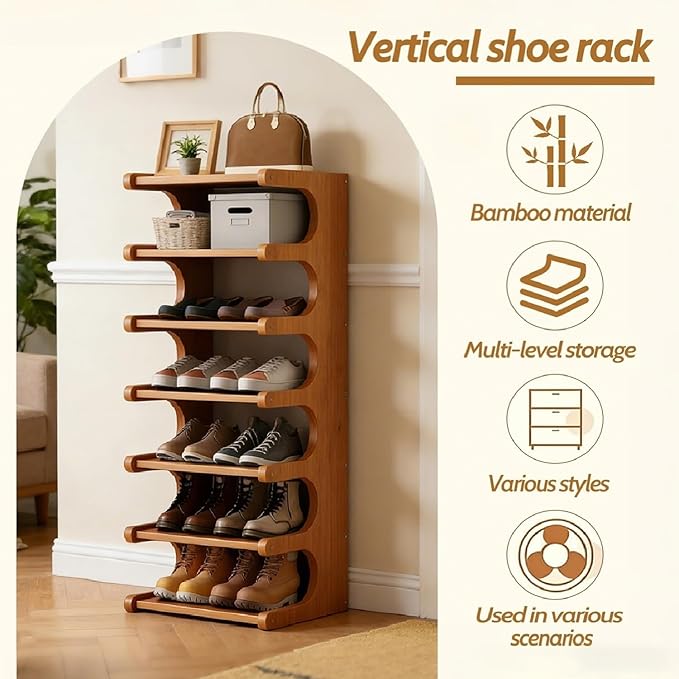 39" Bamboo Shoe Rack - Vertical Shoe Organizer Rack for Small Space, Narrow Shoe Tower for Closet, Entryway, Corner, Tall Shoe Shelf with Removable Shelves, Flexible Storage Shelf for Saving Space