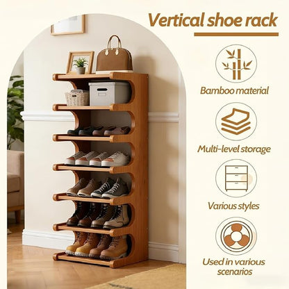 39" Bamboo Shoe Rack - Vertical Shoe Organizer Rack for Small Space, Narrow Shoe Tower for Closet, Entryway, Corner, Tall Shoe Shelf with Removable Shelves, Flexible Storage Shelf for Saving Space