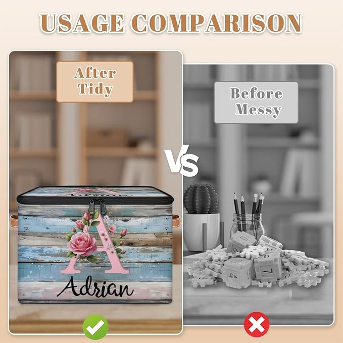 Custom Initials Wood Flower Storage Bins with Lid, Foldable Personalized Storage Basket Boxes with Handle Shelf Basket Closet Organizer Cube