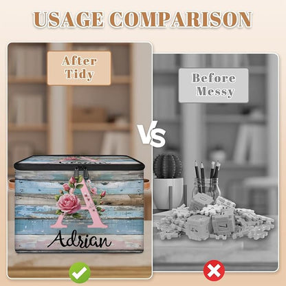 Custom Initials Wood Flower Storage Bins with Lid, Foldable Personalized Storage Basket Boxes with Handle Shelf Basket Closet Organizer Cube