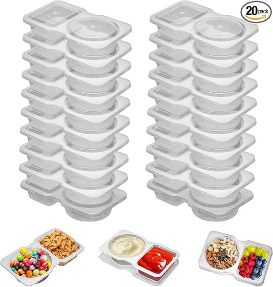 UVHJW 20 Set Reusable Snack Containers, 2-Compartment Dipping Containers with Lid for Refrigeration, Portion Control, Outdoor Takeaway Sauce Dip Case