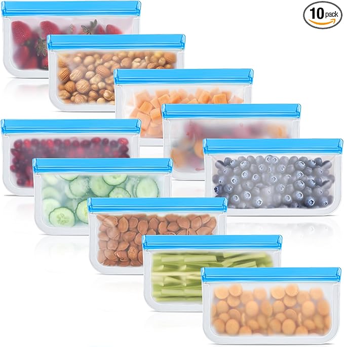 10 Pack Reusable Silicone Food Storage Bags, Leakproof Dishwasher Safe Reusable Freezer Bags for Food Containers, Lunch Bags for Sandwich, Snack, Marinate Meat, Salad Fruit