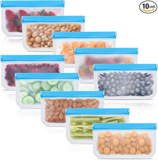 10 Pack Reusable Silicone Food Storage Bags, Leakproof Dishwasher Safe Reusable Freezer Bags for Food Containers, Lunch Bags for Sandwich, Snack, Marinate Meat, Salad Fruit
