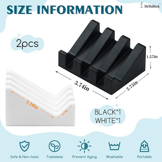 2 Pack Self Draining Silicone Soap Dish for Shower & Kitchen - Waterfall Bar Soap Holder Tray, Non-Slip Soap Saver Keeps Soap Dry, Easy to Clean, Extends Soap Life (White-Black)