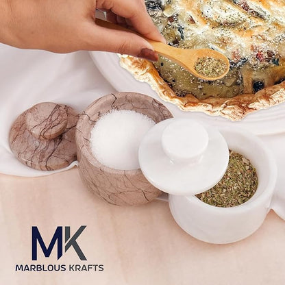 MARBLOUS KRAFTS Marble Salt Cellar with Lid 3" White and Marinara Salt, Pepper Bowls, Seasoning Containers Kitchen Storage, Perfect Mother’s Day Gift for Mom, Decorative Spice Jar, Home Décor