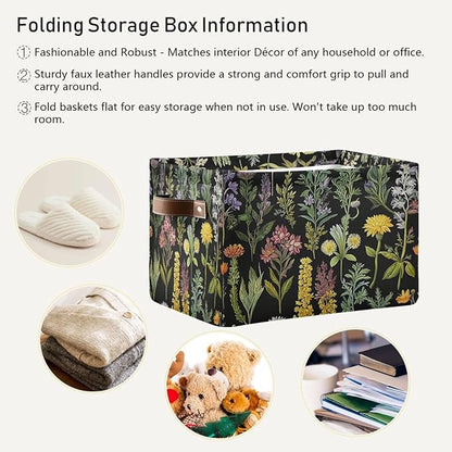 Vintage Leaves Herbs Storage Basket Decorative Fabric Baskets Bins Foldable Shelf Closet Baskets Storage Box Cube With Handle Organizer Basket For Kids Toys Clothes Bedroom Nursery