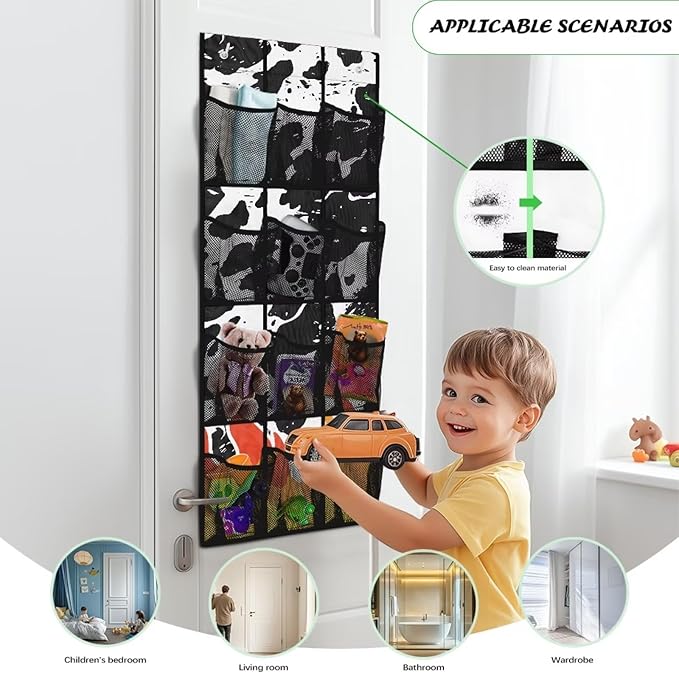Over the Door Organizer with 12 Mesh Pockets, Storage Hanging Bag Behind the Door for Shoes Toys Cleaning Supplies, Perfect for Bedroom Bathroom or College Dorm, Cowhide and Flame