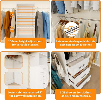 Closet System, 5FT-8FT Closet Organizer System with 3 Wooden Drawers, 99" Walk In Closet Organizer and Storage with 4 Expandable Hanging Rods, Wall Mount, White