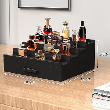 Wooden Cologne Organizer for Men 4 Tier of Perfume Display Holder of Drawer & 2 Hidden Compartments Larger Storage Space Mens Perfume Organizer Shelf Stand,Gift for Man (4T-Black)