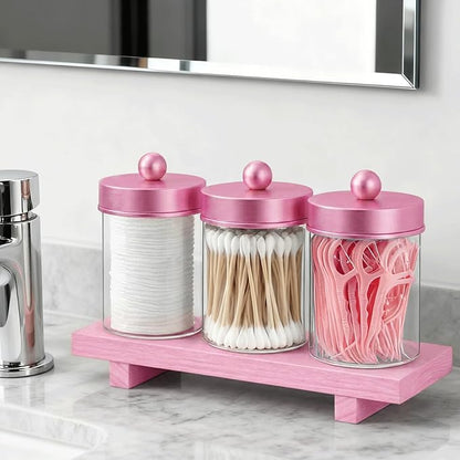 Pink Qtip Holder Bathroom Set - 3 Pack Apothecary Jars with Metal Lids and Vanity Tray.Bathroom Organizers and Storage, Cute Vanity Makeup Organizer, Bathroom Decor Accessories