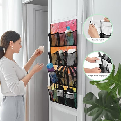 Coconut Trees Hanging Storage Bags,Shoe Organizer Door Hanger with 12 Mesh Large Pockets,Space Saver Hanging Shoe Storage Hanging Bag