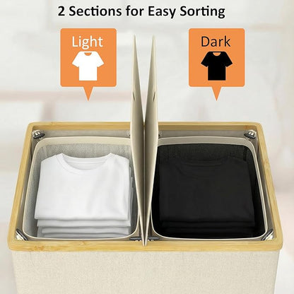 efluky Laundry Hamper with Lid, Double Laundry Basket with 2 Removable Bags, 2 Section Laundry Bin with Bamboo Handles for Bathroom, Bedroom & Laundry Room, 140L (36.9 Gallon) Beige