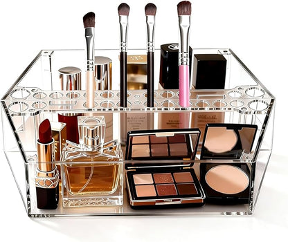 Makeup Tray Organizer Makeup Organizer Box Cosmetic Display Case Cosmetic Storage for Dresser Countertop,Bathroom Vanity,Office Desk,Washable Crystal Clear Acrylic