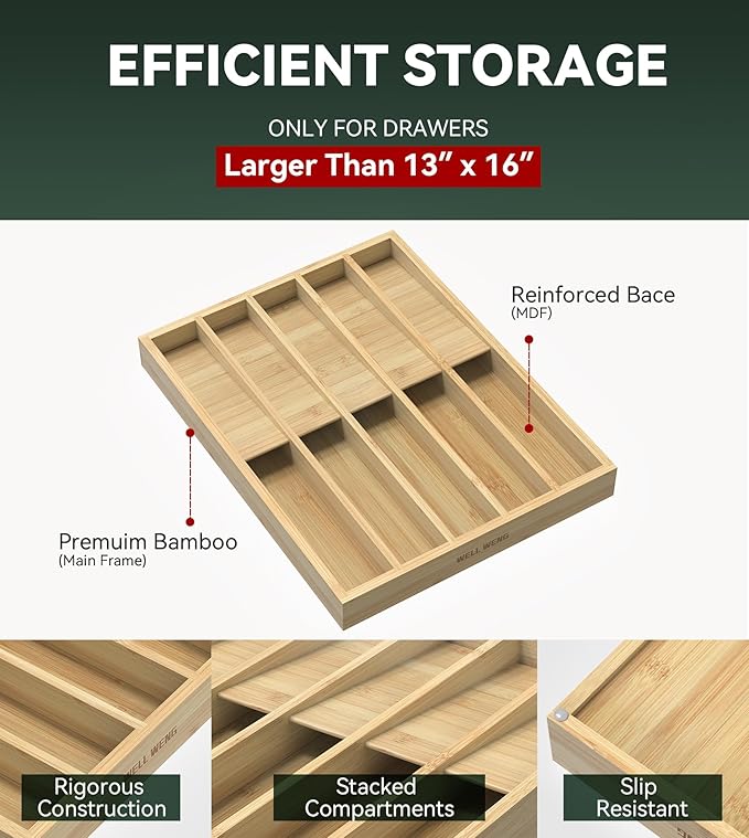 Silverware Organizer, Utensil Drawer Organizer & Cutlery Tray Dividers for Spoons Forks Knives (10 Slot,Natural Bamboo), 16”Dx12.3”Wx1.7”H
