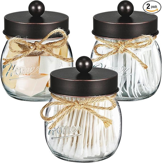 SheeChung Bathroom Decor, Bathroom Organizers and Storage, Qtip Holder, Vanity Decor, Cute Mason Jars for Cotton Swabs, Balls, Cotton Pads, Floss Picks (Oil Rubbed Bronze, 3 Pack)