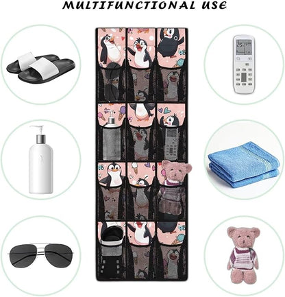 Funny Penguin Shoe Organizer Over The Door,12 Large Mesh Pockets Hanging Storage Shoe Rack,Hanging Shoe Rack for Door Sneaker Hanger Boot Storage,Breathable Organizer Storage Bag