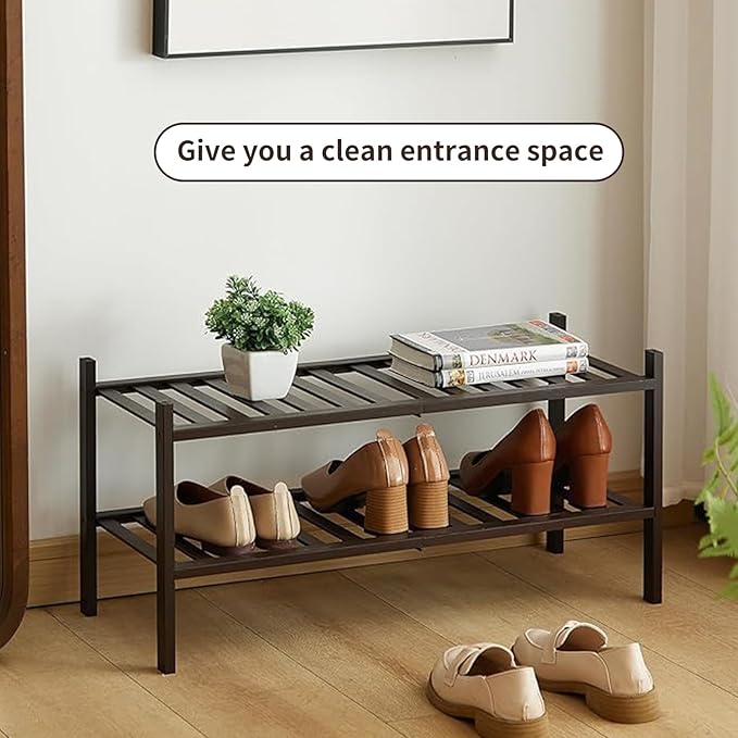2-Tier Bamboo Shoe Rack for Entryway, Stackable | Heavy Duty | Multi-Function, Free Standing Shoe Racks for Bedroom Hallway Closet