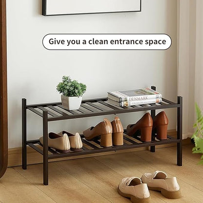 2-Tier Bamboo Shoe Rack for Entryway, Stackable | Heavy Duty | Multi-Function, Free Standing Shoe Racks for Bedroom Hallway Closet